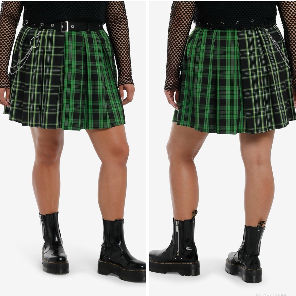 Hot Topic Social Collision Green Plaid Side Chain Skirt With Belt Plus Size Goth